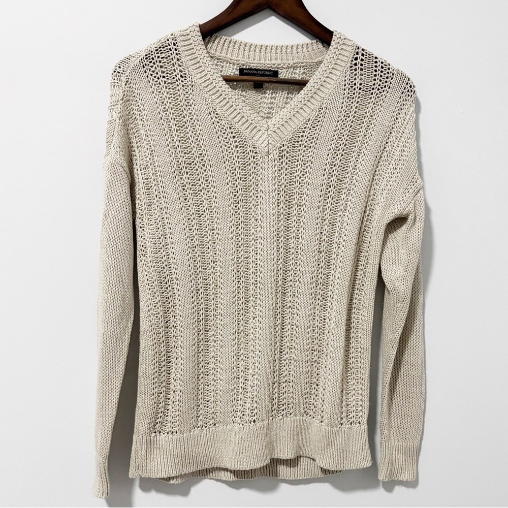 Banana Republic Factory Womens Oatmeal Open Knit V-neck Sweater‎ XS Lightweight